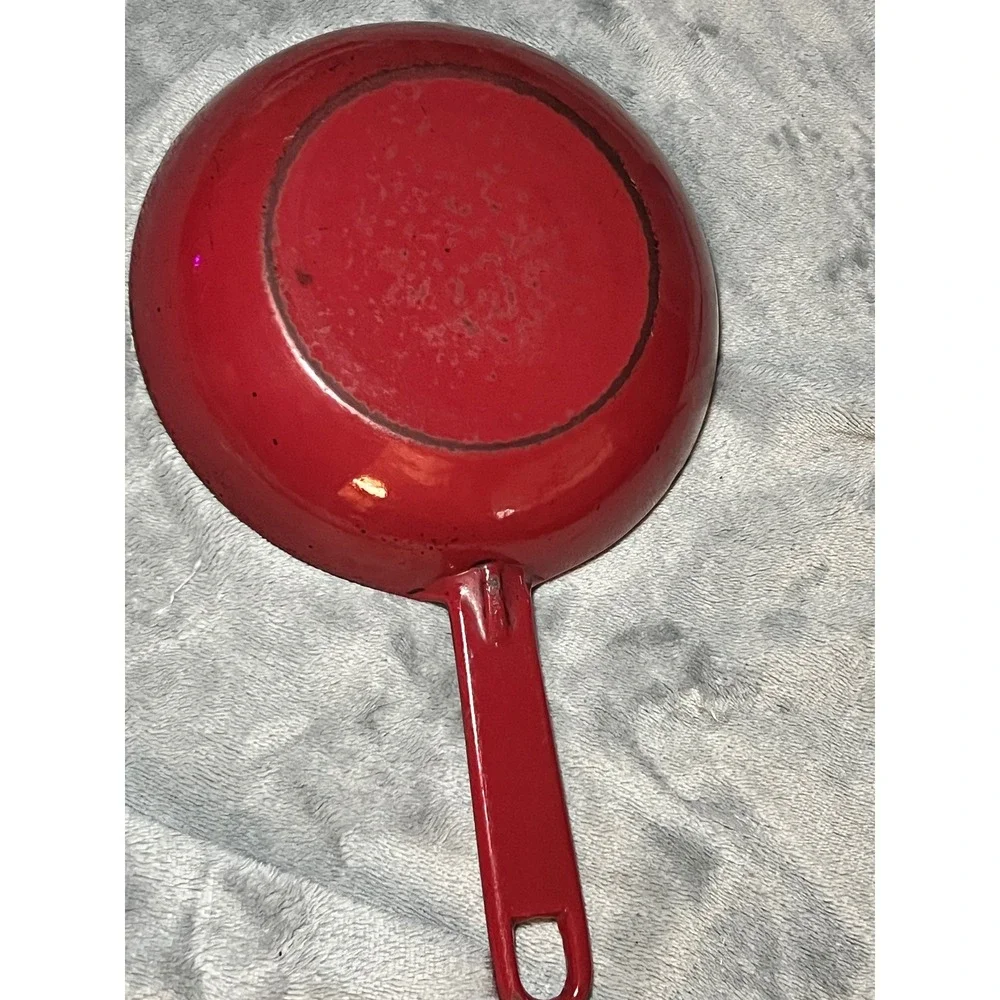 Vintage French Red Enamel Cast Iron Skillet Cream Interior Hanging Handle